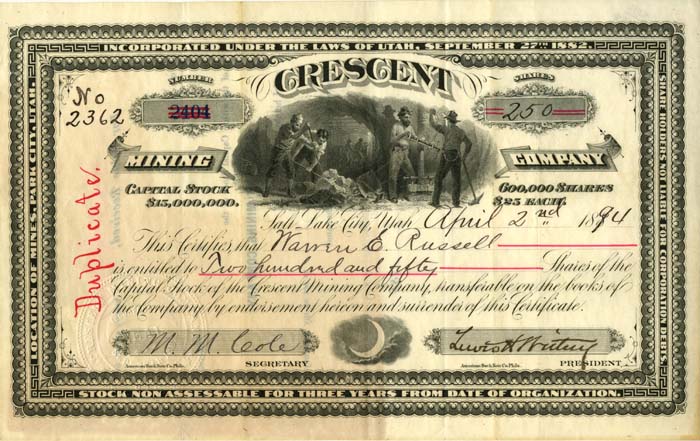 Crescent Mining Co. - Stock Certificate